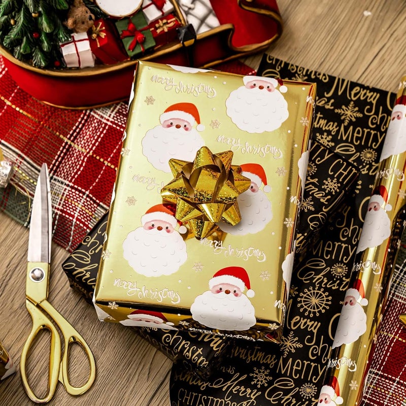 MAYPLUSS Gold Santa Claus Wrapping Paper Roll, 17IN X 33FT Christmas Gift Wrap Paper Featuring Reversible Merry Christmas for Holiday New Year Kids - Image 2